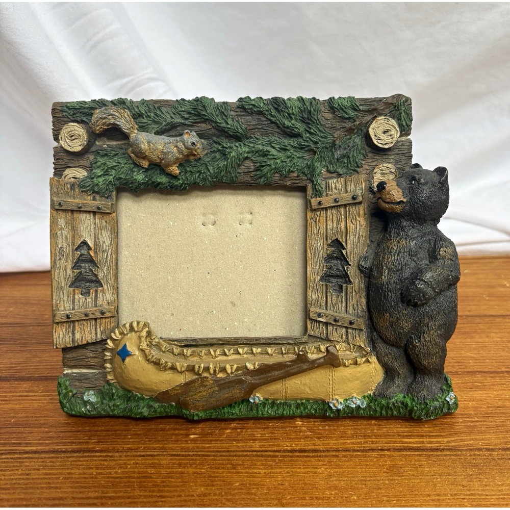 Vintage Black Bear Cabin Picture Frame Wildlife Fishing Canoe Squirrel 4x5